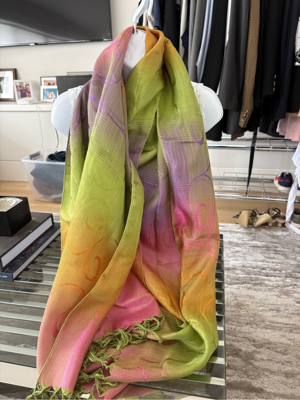 Color-Shift Woven Fringe Scarf in Green, Pink & Orange $70 retail new w/o tags